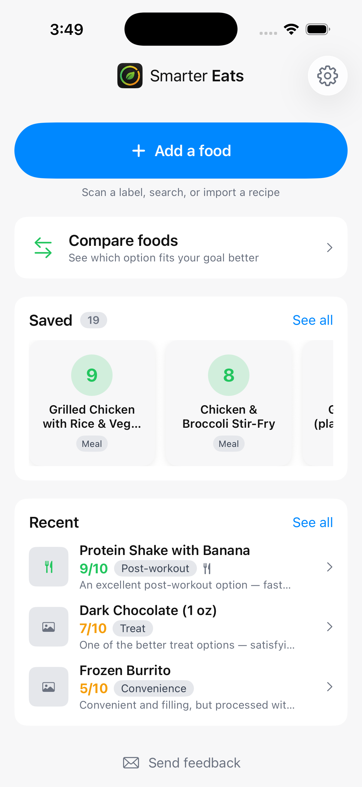Home screen with Add a food and saved items