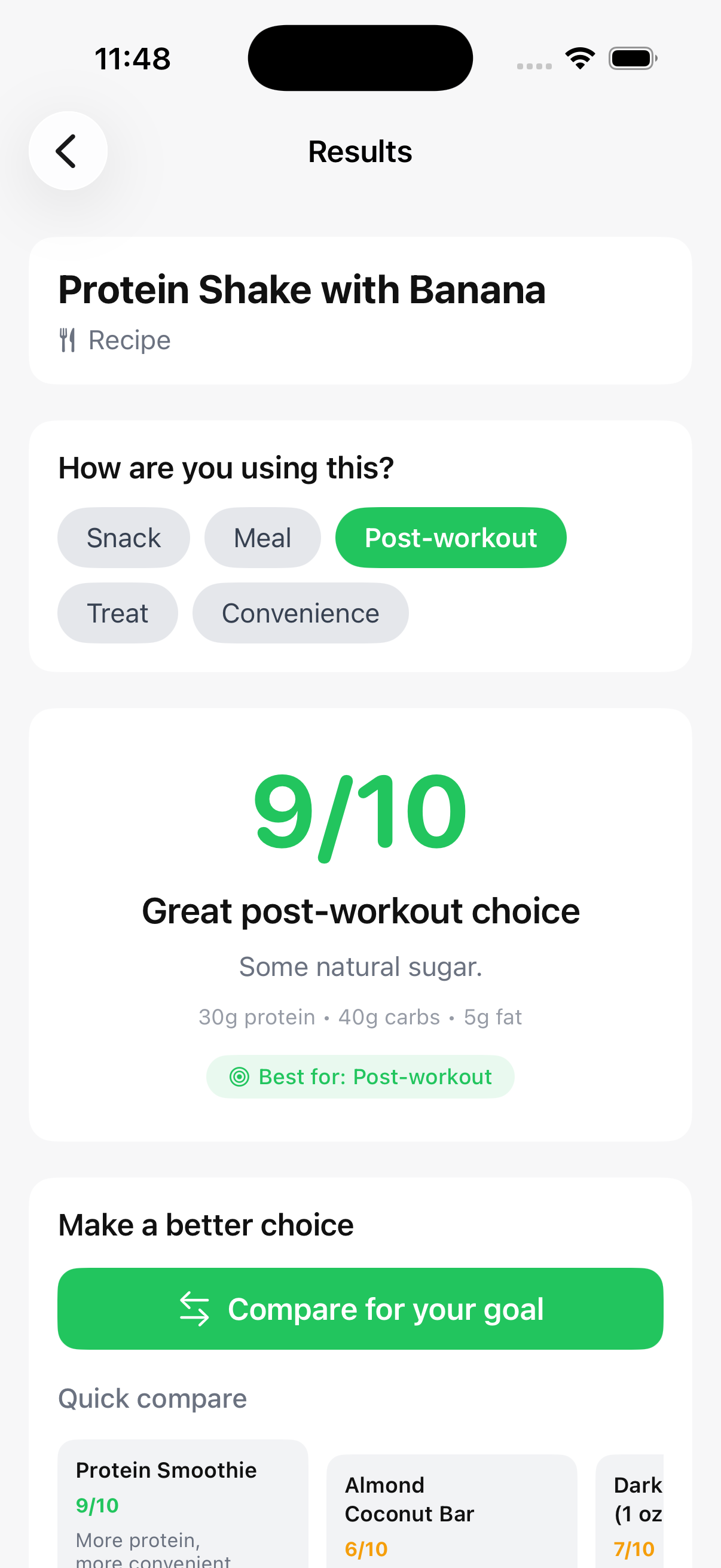 Results page: Protein Shake with Banana scoring 9/10 as a great post-workout choice